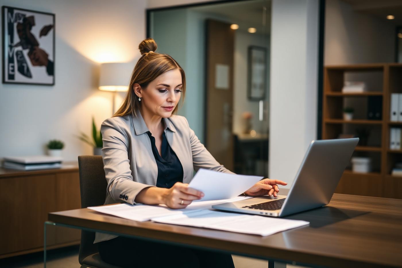 Property manager reviewing lease paperwork in a warmly lit office