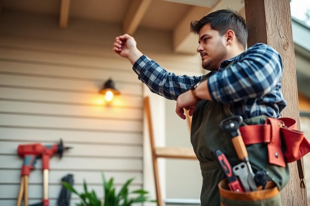 Maintenance technician working on a home exterior