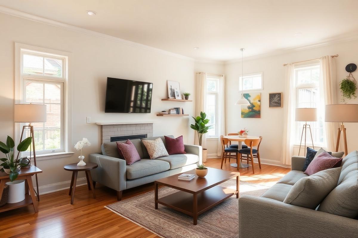 Bright, staged living room of a residential rental home in New Jersey